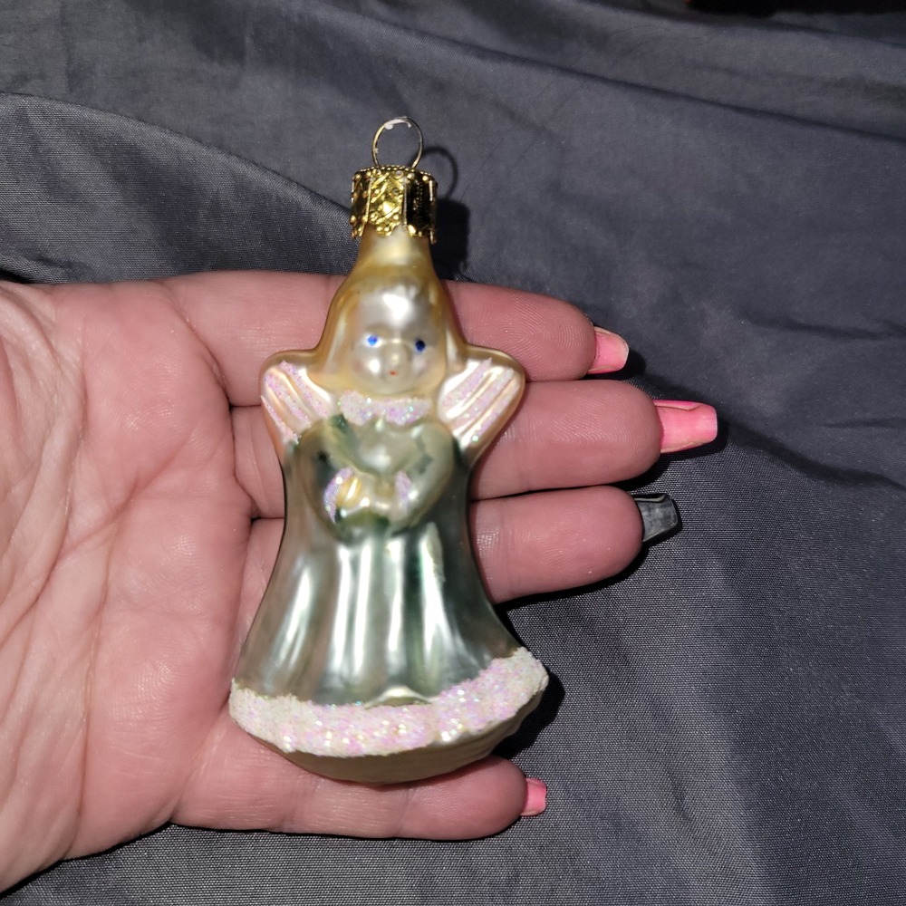 Vintage Hand Blown Glass Christmas Ornament Cherub Angel Green German